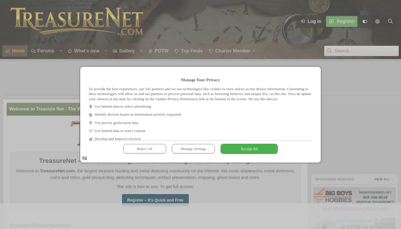 Screenshot of www.treasurenet.com